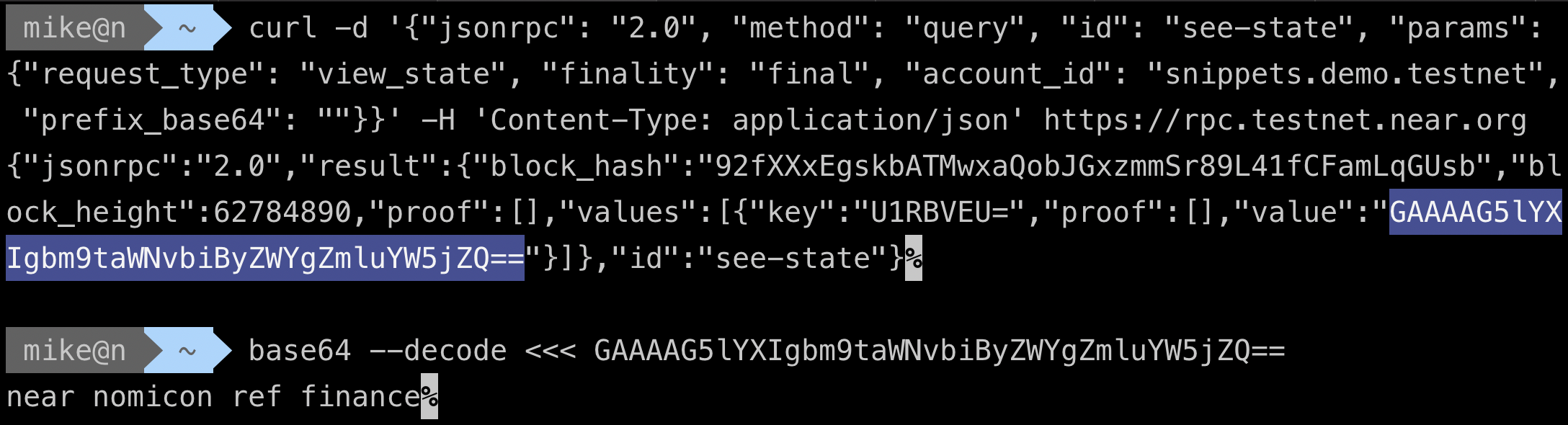 Screenshot of a terminal screen showing a curl request to an RPC endpoint that returns state of a smart contract